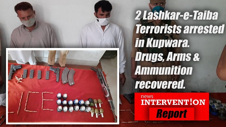 Kupwara terrorists 1 Lashkar terrorists with drugs and arms under custody in Kupwara, Kashmir. (Photo: News Intervention)