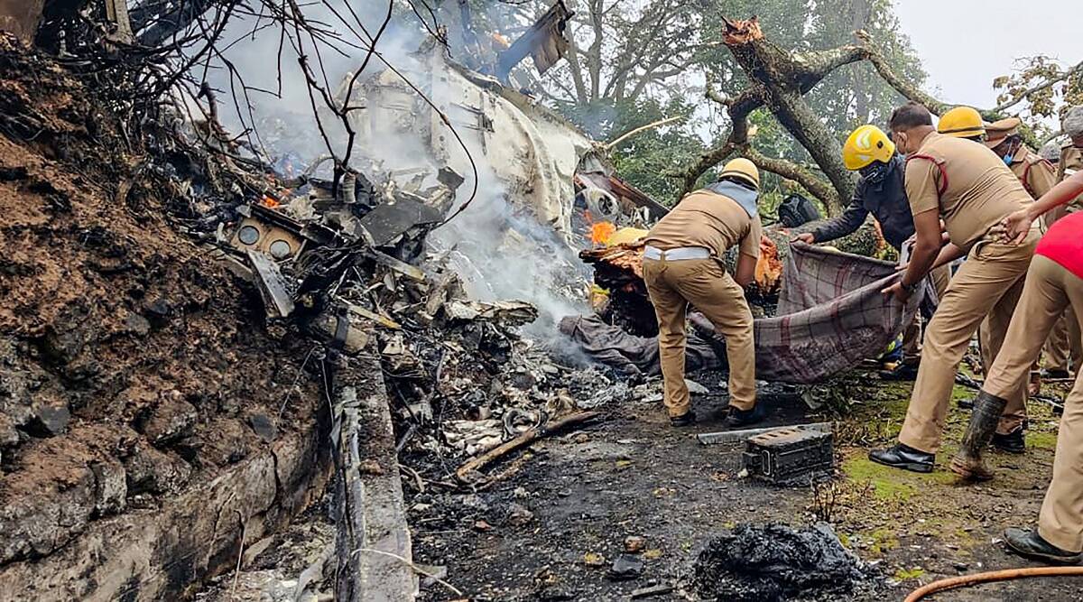 Rawat-chopper-crash The crashed remains of IAF Mi-17 V-5 helicopter at Coonoor, in Tamil Nadu. CDS Gen Bipin Rawat, his wife Madhulika Rawat and 11 other Indian soldiers died in this crash. (Photo: PTI)